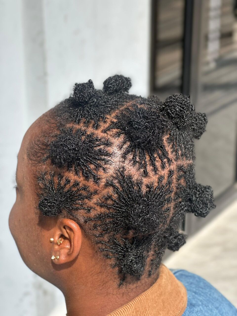 Side view of short locs gathered into small knots across the head, showing clean partings and close texture.